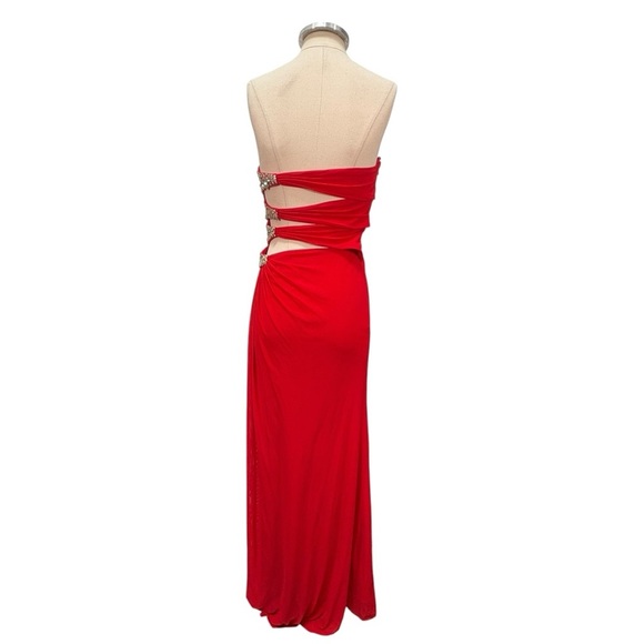 La Femme Strapless Rhinestone Embellished Cut Out High Slit Maxi Dress Red - Picture 9 of 13